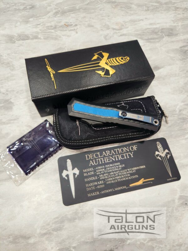 Marfione Custom Atreus-Double Edge Microtech Knife- Cryo Ice W/Blue 6AL-4V Titanium Inlay Mil-Spec Aircraft Alloy W/Carbon Fiber and Blue  Titanium Inlay Carbon Fiber Button and Blue Titanium Accents - Image 2