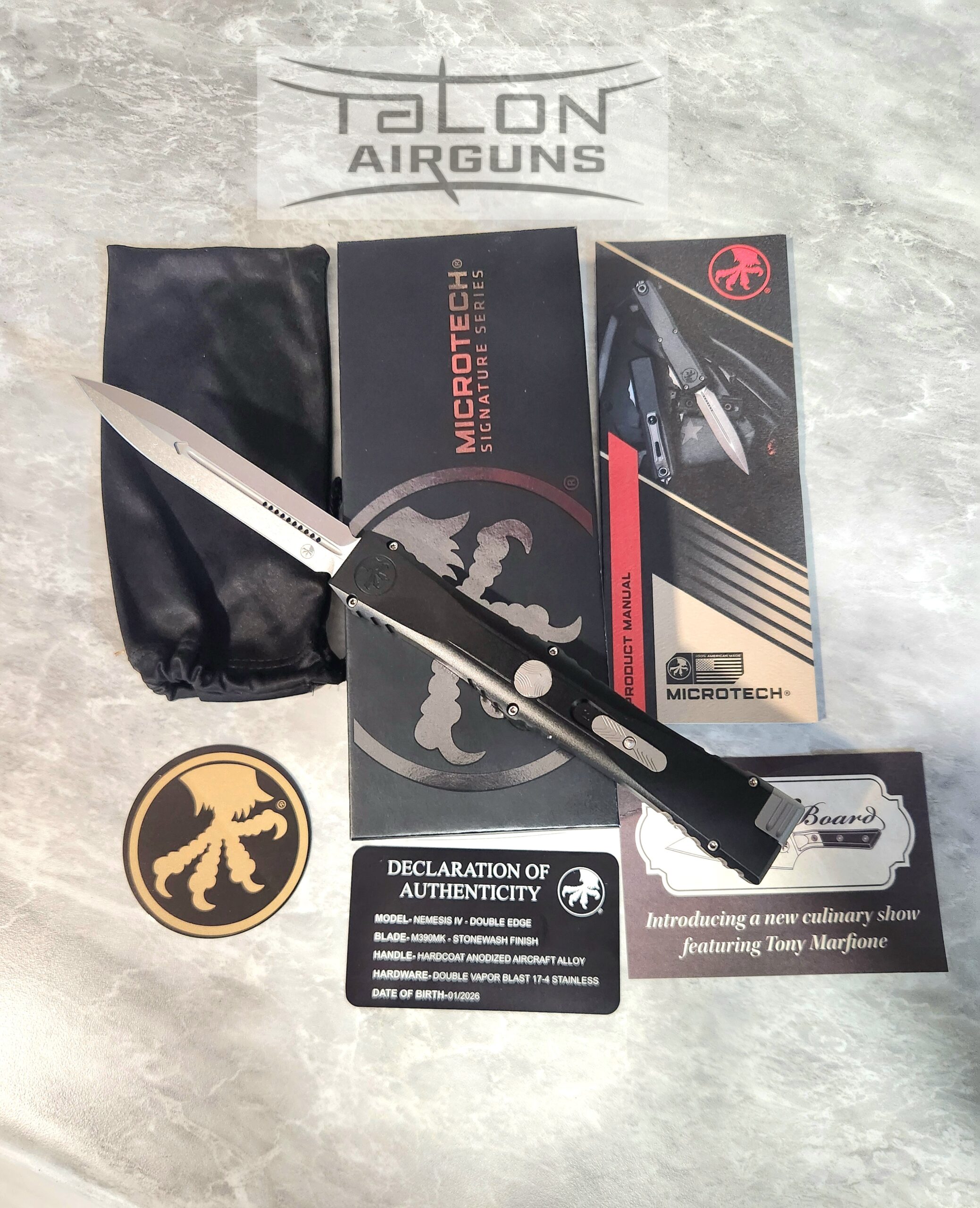 Microtech Knife Marfione Select Nemesis IV OTF Black Aluminum 4.4" M390 Dagger Stonewash 1152-10MS1 - Image 2